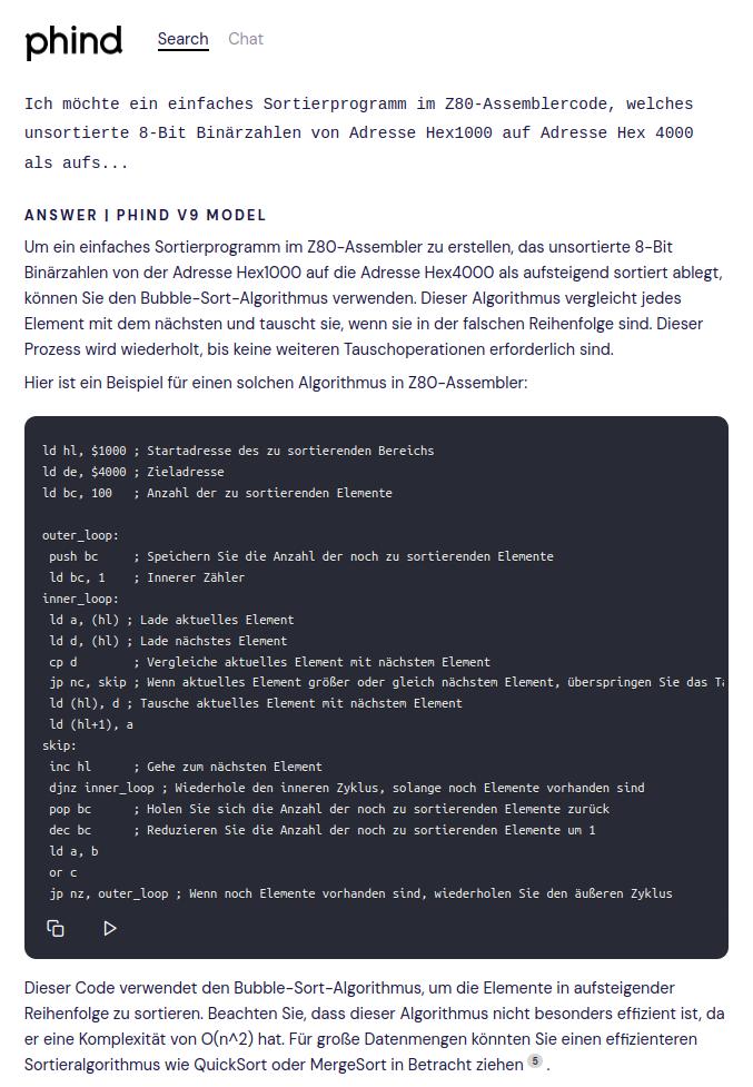 Ein Sortierprogramm fuer die Z80 CPU erstellt von der Phind KI.