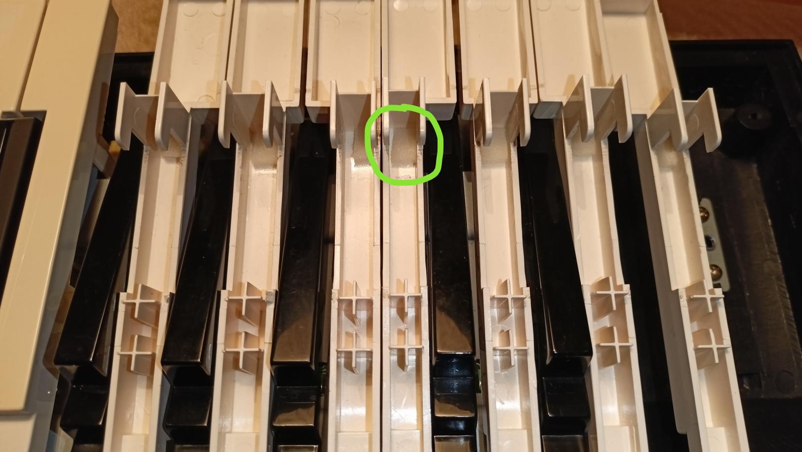 hier sieht man die kleinen Schaumstoffstuecke, die ich in die Tasten eingeklebt habe