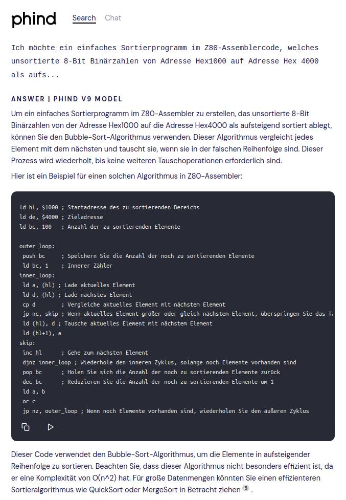 Ein Sortierprogramm fuer die Z80 CPU erstellt von der Phind KI.