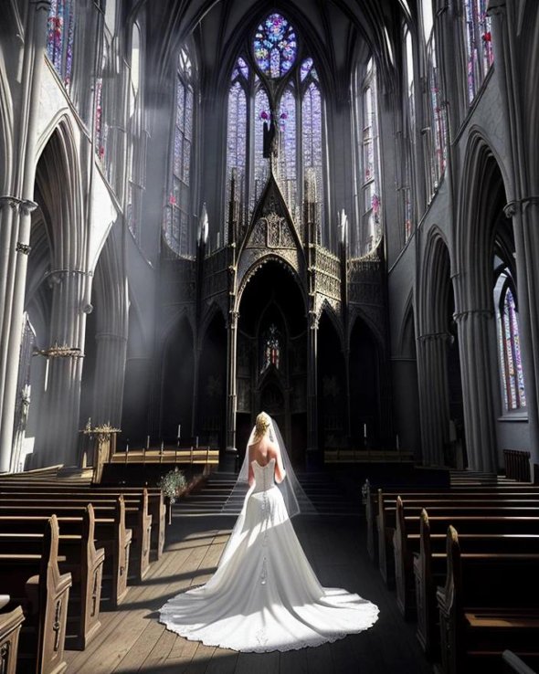 Eine Braut ganz einsam in einer gotischen Kirche.